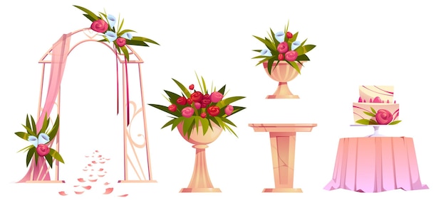 Free vector wedding decoration with floral arch and cake