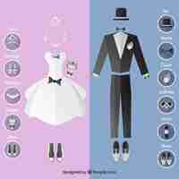 Free vector wedding dress and suit with accessories