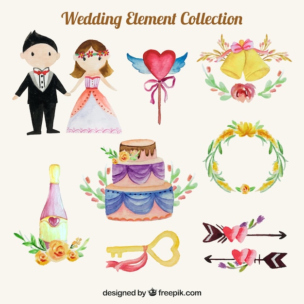 Free vector wedding elements with watercolor style