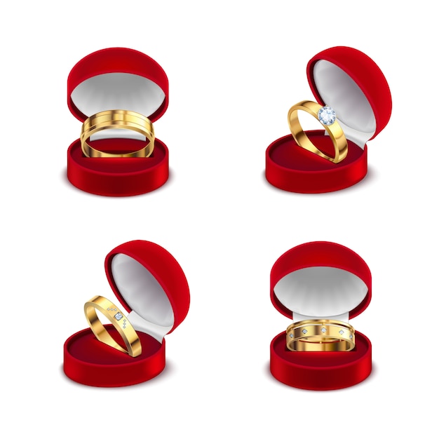 Free vector wedding engagement gold rings in opened red jewelry box case 4 realistic sets white background  illustration