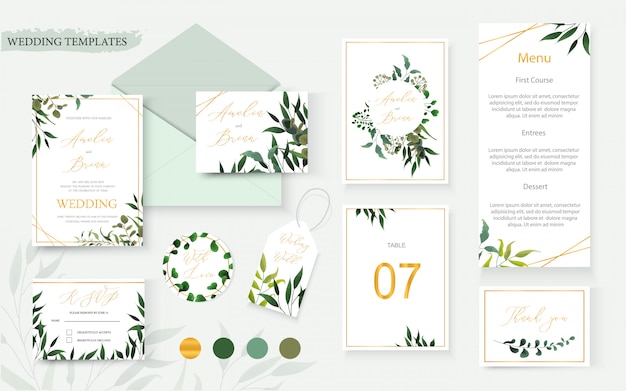 Wedding floral gold invitation card envelope save the date rsvp menu table label design with green tropical leaf herbs eucalyptus wreath frame. botanical decorative vector template watercolor style