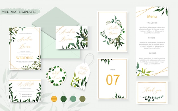 Wedding floral gold invitation card envelope save the date rsvp menu table label design with green tropical leaf herbs eucalyptus wreath frame. Botanical decorative vector template watercolor style