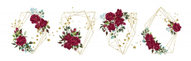 Свадебная цветочная золотая геометрическая треугольная рамка с цветами бордовых роз и зелеными изолированными листьями