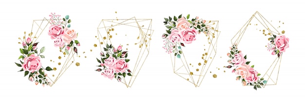 Free vector wedding floral golden geometric triangular frame with pink flowers roses and green leaves isolated