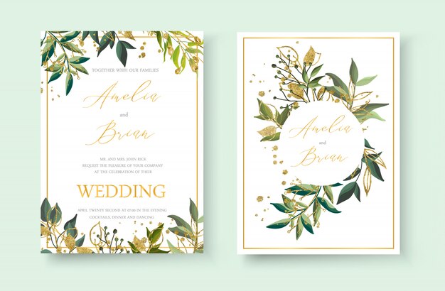 결혼식 꽃 황금 초대 카드 봉투는 녹색 열대 잎 허브와 금 뿌려 놓은 날짜 미니멀리즘 디자인을 저장합니다. 식물 우아한 장식 벡터 템플릿 수채화 스타일