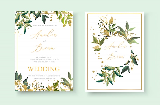 Свадебный цветочный золотой пригласительный конверт сохраняет минималистичный дизайн с зелеными тропическими листьями и золотыми брызгами. Ботанический элегантный декоративный вектор шаблон акварель стиль