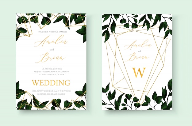 Wedding floral golden invitation card save the date design with green tropical leaf herbs with gold geometrical triangular frame. botanical elegant decorative vector template watercolor style