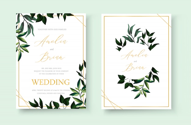 Free vector wedding floral golden invitation card save the date design with green tropical leaf herbs wreath and frame. botanical elegant decorative vector template watercolor style