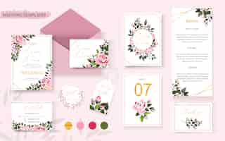 Free vector wedding floral golden invitation card save the date rsvp table menu design with pink flowers roses and green leaves wreath and frame. botanical elegant decorative vector template in watercolor style
