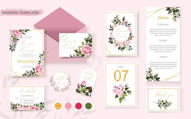 결혼식 꽃 황금 초대 카드 핑크 꽃 장미와 녹색 잎 화 환 및 프레임 날짜 RSVP 테이블 메뉴 디자인을 저장합니다. 수채화 스타일에서 식물 우아한 장식 벡터 템플릿