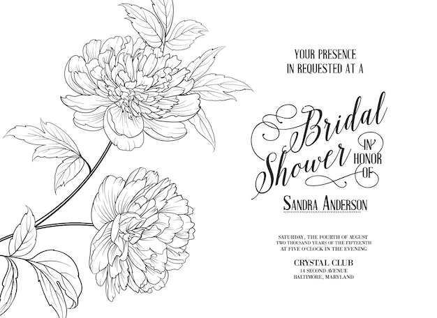 咲く牡丹と結婚式のフレームカード。