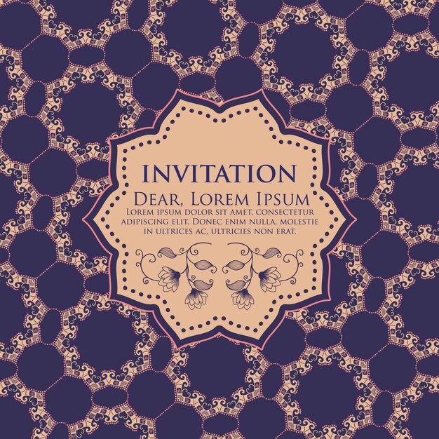 Wedding invitation and announcement card with ornamental round lace with arabesque elements. Mehndi style. Orient traditional ornament. Zentangle-like round colored floral ornament.