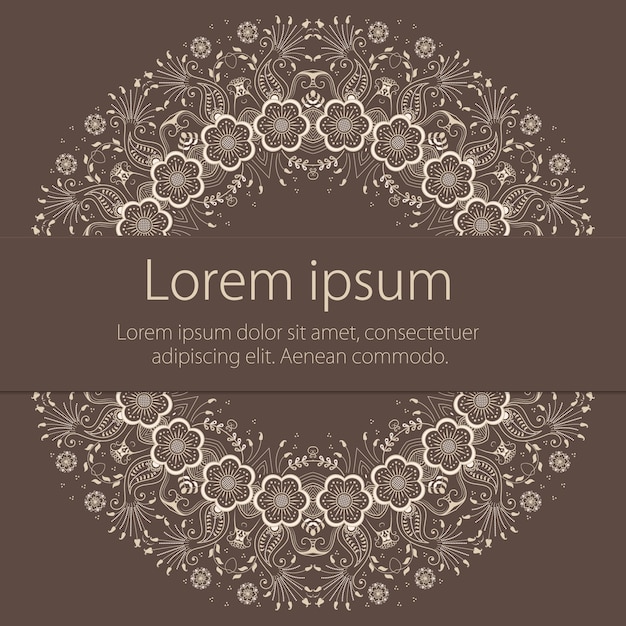 アラベスクの要素が付いている装飾的な丸いレースの結婚式の招待状および発表カード。 Mehndiスタイル。伝統的な飾りのオリエンテーション。 Zentangleのような丸い色の花の装飾。