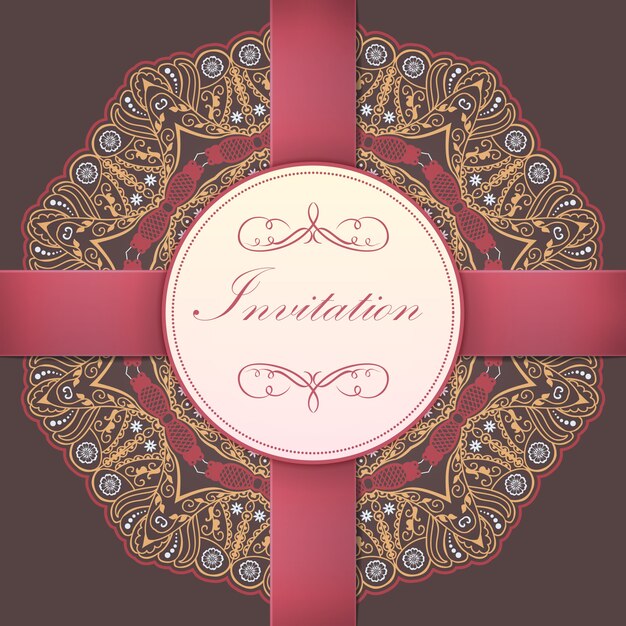 Wedding invitation and announcement card with ornamental round lace with arabesque elements. Mehndi style. Orient traditional ornament. Zentangle-like round colored floral ornament.