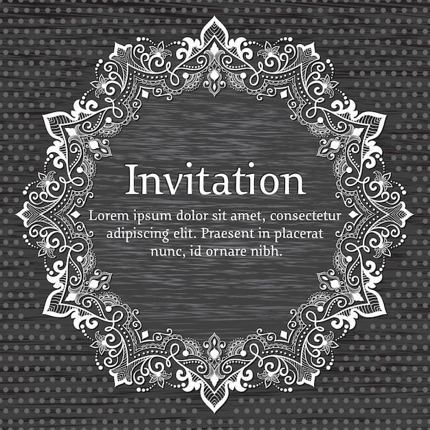 Wedding invitation and announcement card with ornamental round lace with arabesque elements. 
