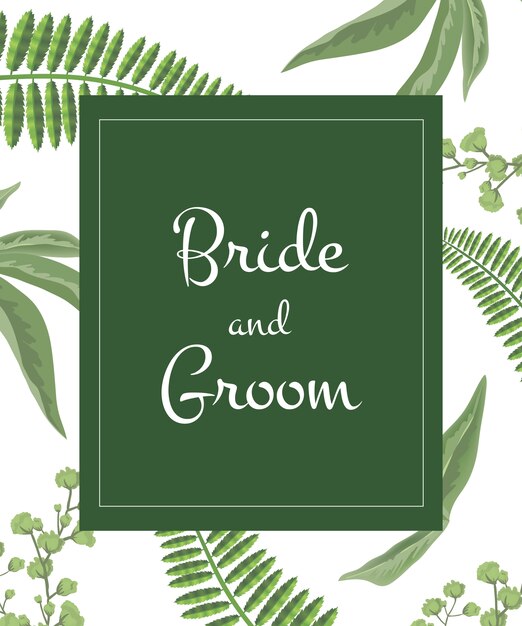 Wedding invitation Bride and groom lettering in green frame on greenery pattern. 