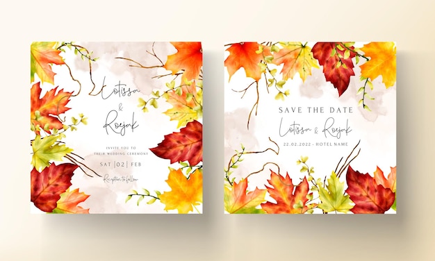 Free vector wedding invitation card set with beautiful maple leaves
