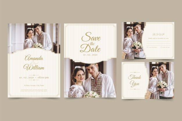 Free vector wedding invitation card set with couple