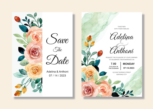 장미 꽃 수채화로 설정 결혼식 초대 카드