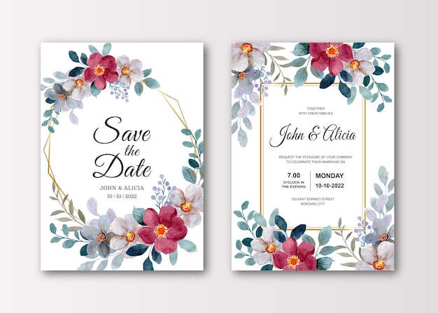 水彩花と結婚式の招待カードセット