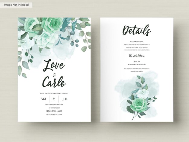 Wedding invitation card template set with greenery flower and leaves