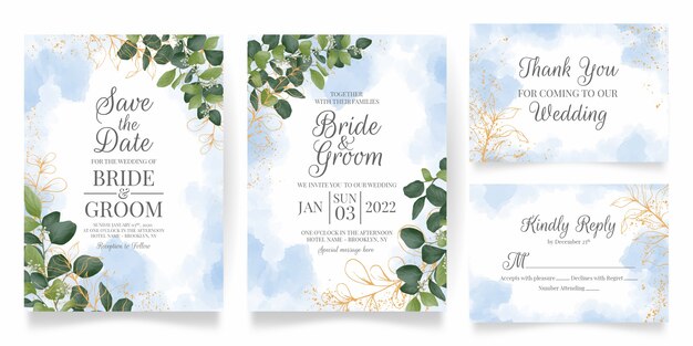 葉のロマンチックな豪華な花の水彩イラストの結婚式の招待状 無料のベクター
