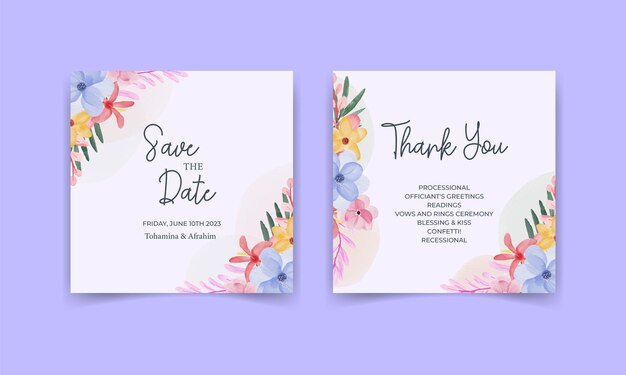 Wedding invitation card template set with watercolor leaves and flowers