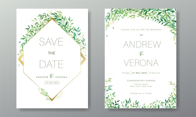 Vettore gratuito modello della carta dell'invito di nozze nel tema bianco di colore verde decorato con floreale nello stile dell'acquerello