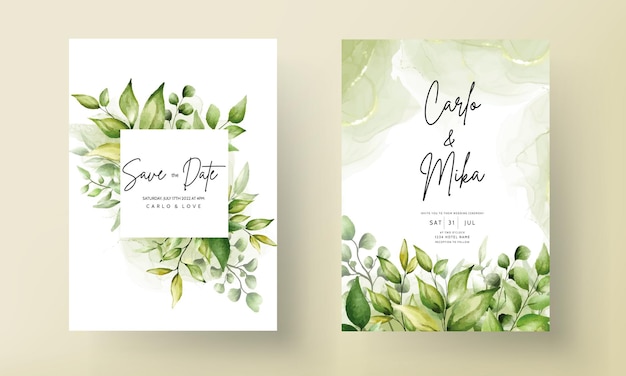 アルコールインクの背景に美しい緑の葉と結婚式の招待カードテンプレート