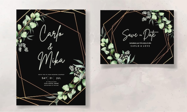 Wedding invitation card template with eucalyptus leaves watercolor