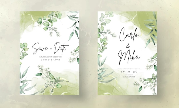 Wedding invitation card template with eucalyptus leaves watercolor