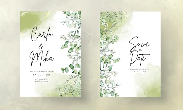 ユーカリ​の​葉​の​水彩画​と​結婚式​の​招待​カード​の​テンプレート
