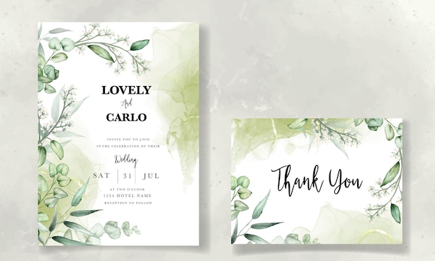 Free vector wedding invitation card template with eucalyptus leaves watercolor