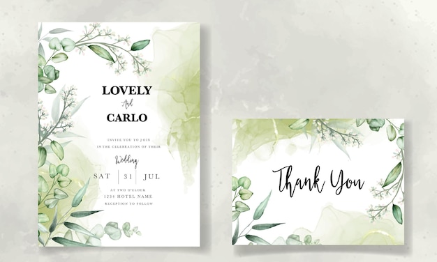 ユーカリの葉の水彩画と結婚式の招待カードのテンプレート