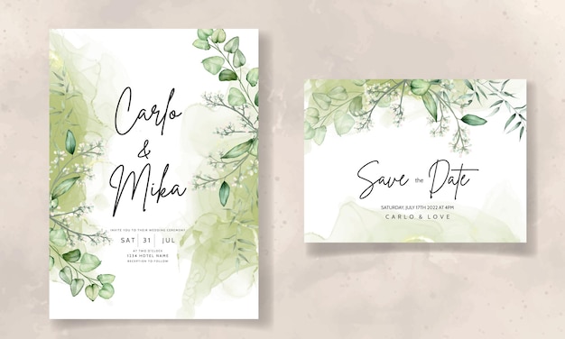 Wedding invitation card template with eucalyptus leaves watercolor