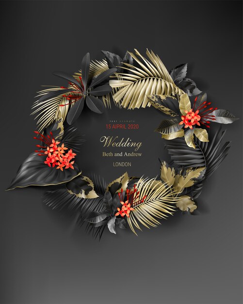 열 대 검은 색과 금색 잎의 프레임 결혼식 초대 카드 템플릿