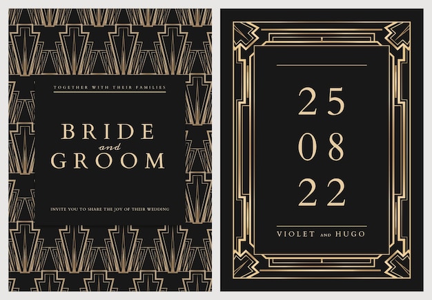 Free vector wedding invitation card template with geometric art deco style on dark background