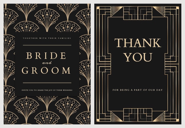 Free vector wedding invitation card template with geometric art deco style on dark background