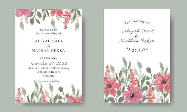 Wedding invitation card template with hand painted watercolor florals background