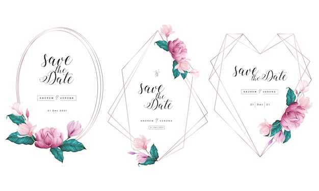 Шаблон приглашения свадебные карточки с розовым золотом геометрические рамки и цветочные акварельные украшения.