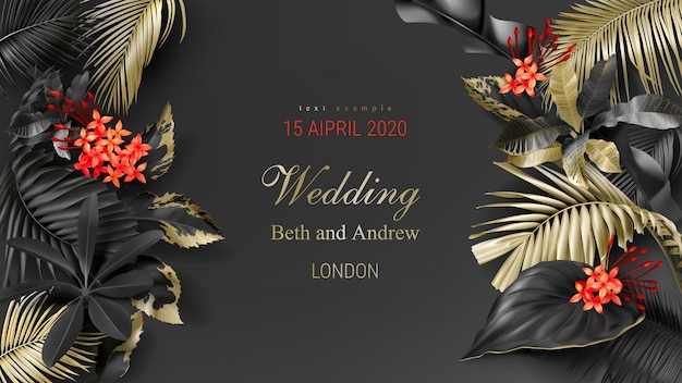 Wedding invitation card template with tropical black and gold leaves