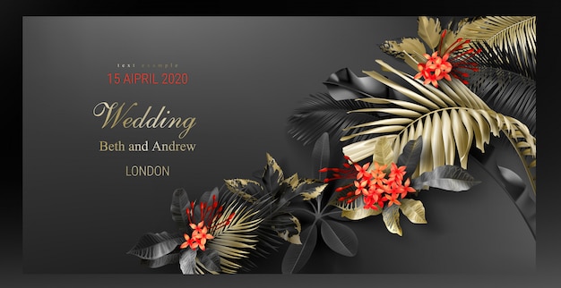 Шаблон свадебного приглашения с тропическими черными и золотыми листьями