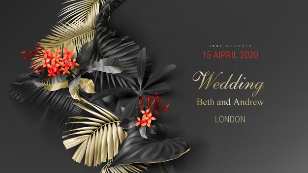 熱帯の黒と金の葉で結婚式の招待カードテンプレート