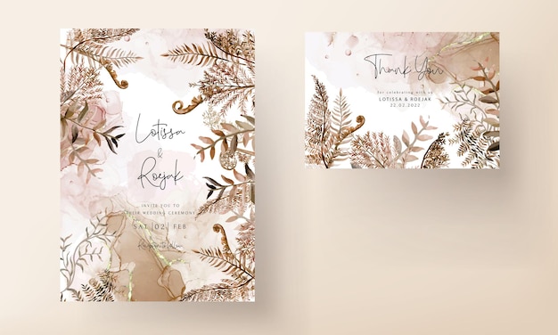 Free vector wedding invitation card template with watercolor brown leaves