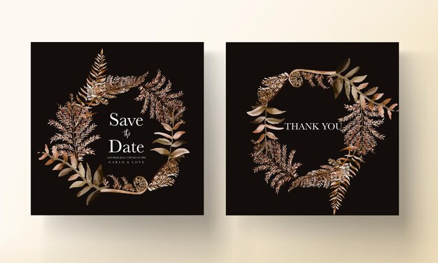 wedding invitation card template with watercolor brown leaves