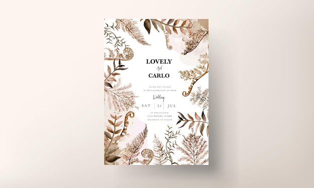 wedding invitation card template with watercolor brown leaves