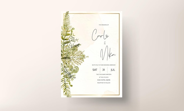 wedding invitation card template with watercolor leaves