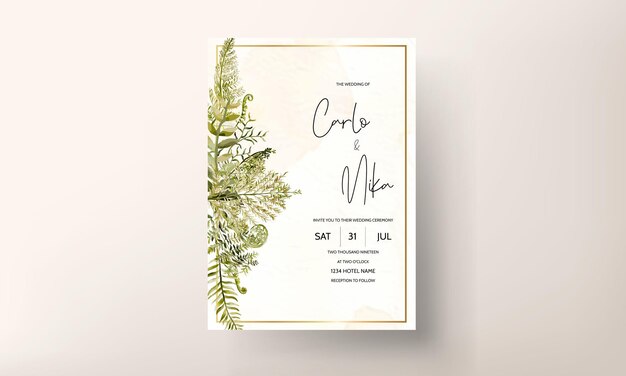 水彩画の葉を持つ結婚式の招待カードテンプレート
