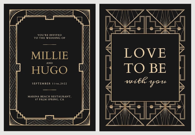 Wedding invitation card vector template with geometric art deco style on dark background