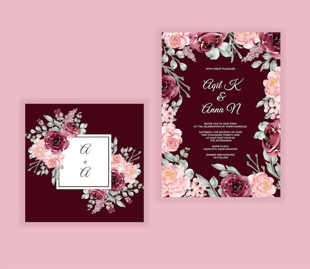 美しい咲く花のバーガンディ色の結婚式の招待カード